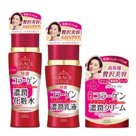 1号仓-高丝GRACE ONE 淡纹紧肤 胶原蛋白浓润水乳套装 化妆水保湿型180ml+乳液130ml+面霜100g KOSE 深层抗氧化抗皱柔肤【寒冷地区慎拍，易冻结】