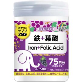 2号仓-UNIMAT RIKEN ZOO 铁+叶酸咀嚼片孕妇备孕哺乳产后补铁儿童补铁剂 葡萄味 150片 维生素B6 B12 补充日常营养 铁质叶酸摄取