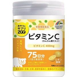 2号仓-UNIMAT RIKEN ZOO 维生素C咀嚼片加入卡姆果果汁 补充维他命C400mg 柠檬味 150片