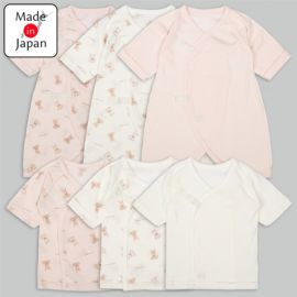 1号仓-阿卡将本铺 100%纯棉 安心柔软 系扣款 初生婴儿连身内衣 6件 小熊小兔图案 淡粉色款 新生儿衣服 婴儿打底内衣