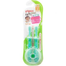1号仓-贝亲 12个月以上宝宝适用 柔软植毛 不刺激牙龈 乳牙牙刷 2支 Pigeon 人体工学刷柄 附可拆防护板 温和不伤牙龈