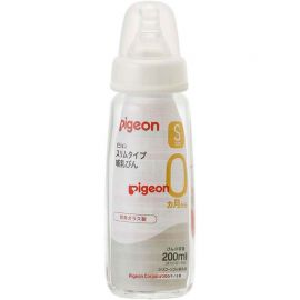 1号仓-贝亲 标准口径不易倒翻 婴儿耐热玻璃奶瓶 细长型 200ml Pigeon 瓶盖可防灰尘附着