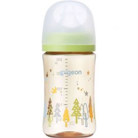 1号仓-贝亲 母乳衔接辅助 轻盈材质 PPSU塑料婴儿奶瓶 彩绘小树图案 M号 Pigeon 240ml 母乳实感系列 防摔防胀气 易清洗 宽口径